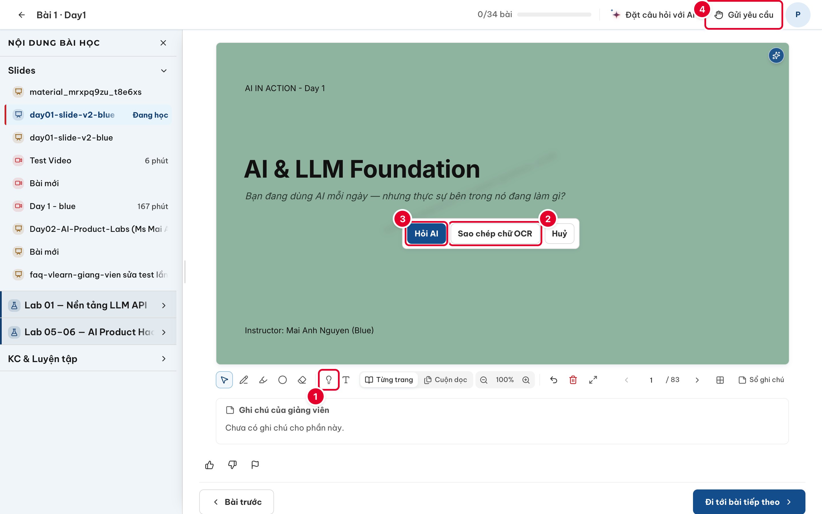VLearn reader with the slide on screen and Hỏi AI